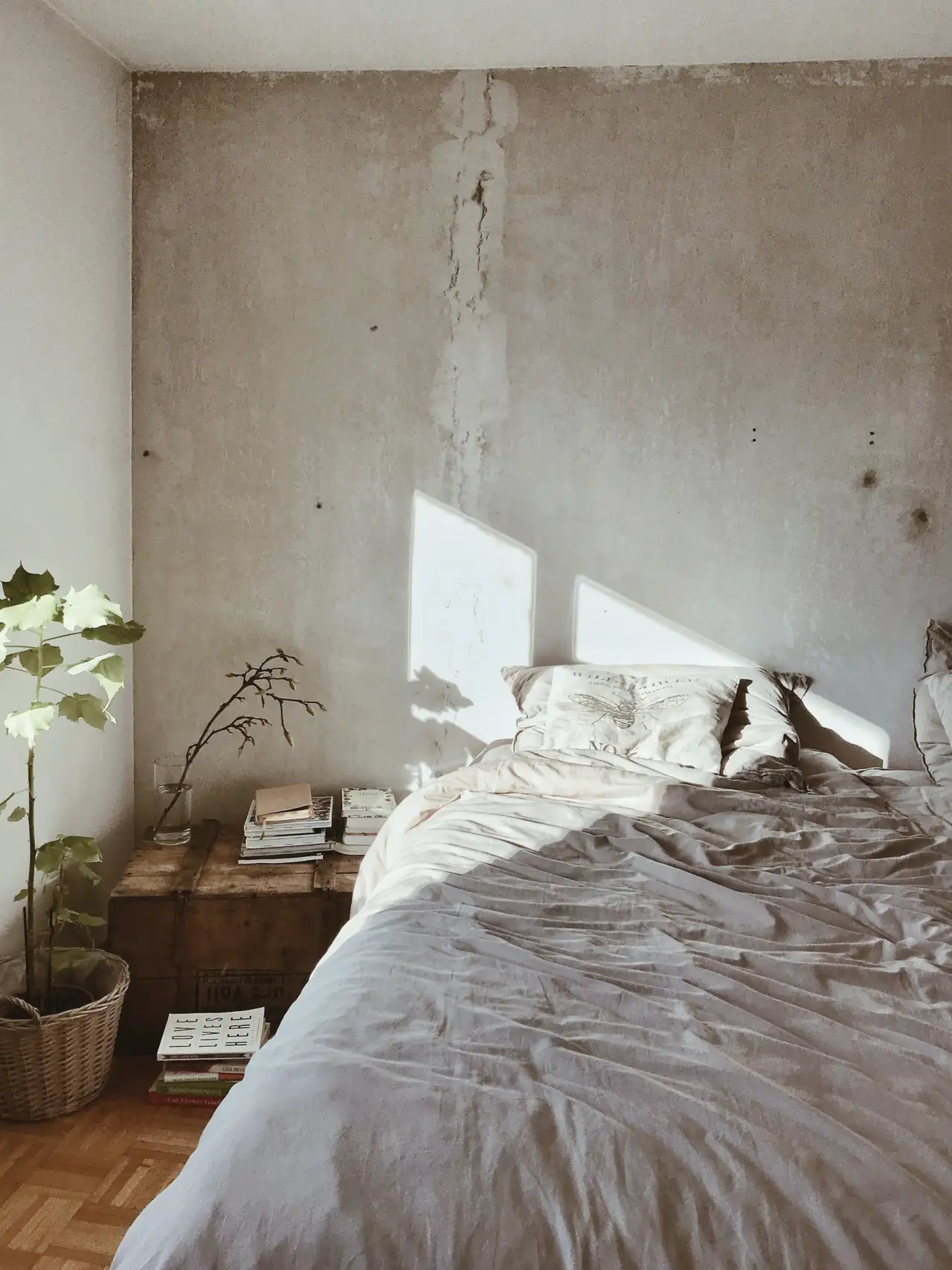 A raw wall, a linen bed, late-day sun